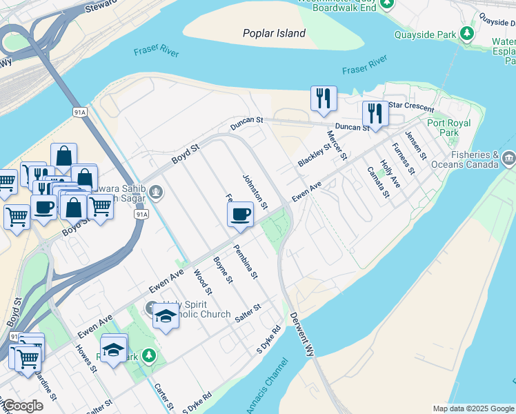 map of restaurants, bars, coffee shops, grocery stores, and more near 214 Johnston Street in New Westminster