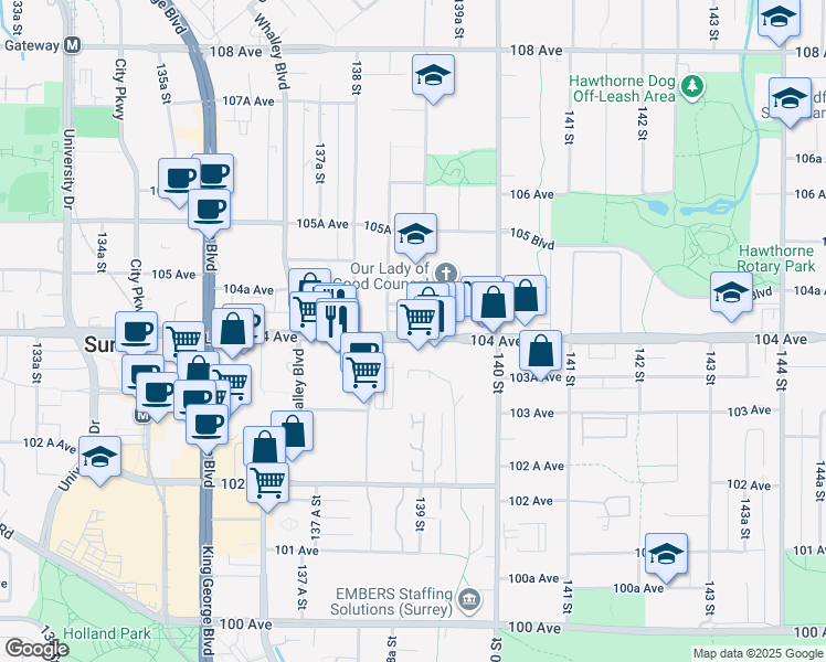 map of restaurants, bars, coffee shops, grocery stores, and more near in Surrey