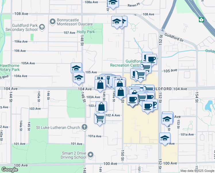 map of restaurants, bars, coffee shops, grocery stores, and more near in Surrey