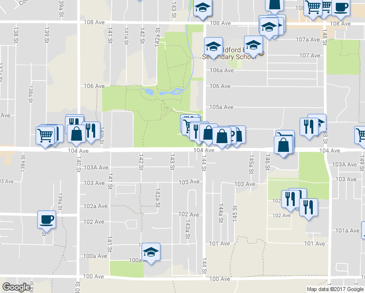 map of restaurants, bars, coffee shops, grocery stores, and more near 14333 104 Avenue in Surrey