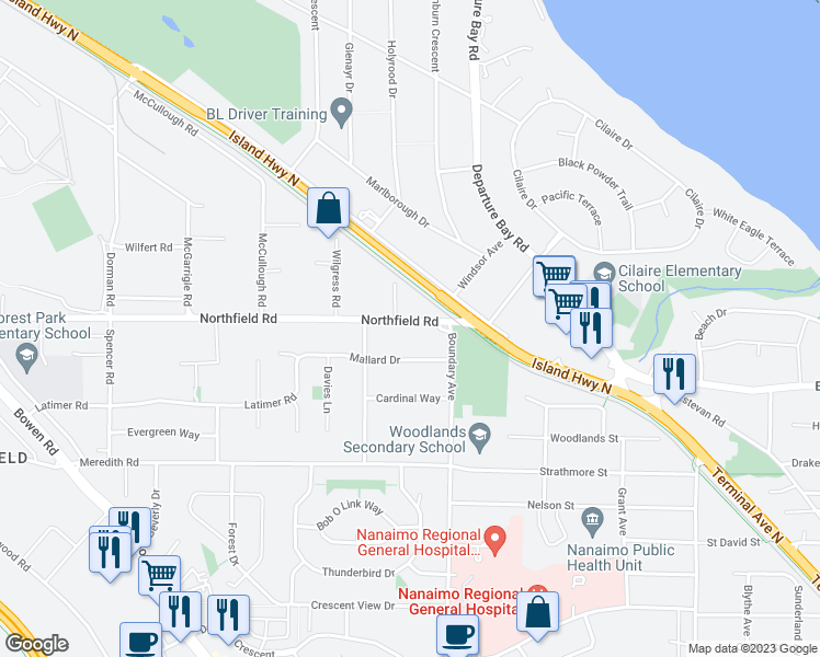 map of restaurants, bars, coffee shops, grocery stores, and more near 1615 Northfield Road in Nanaimo