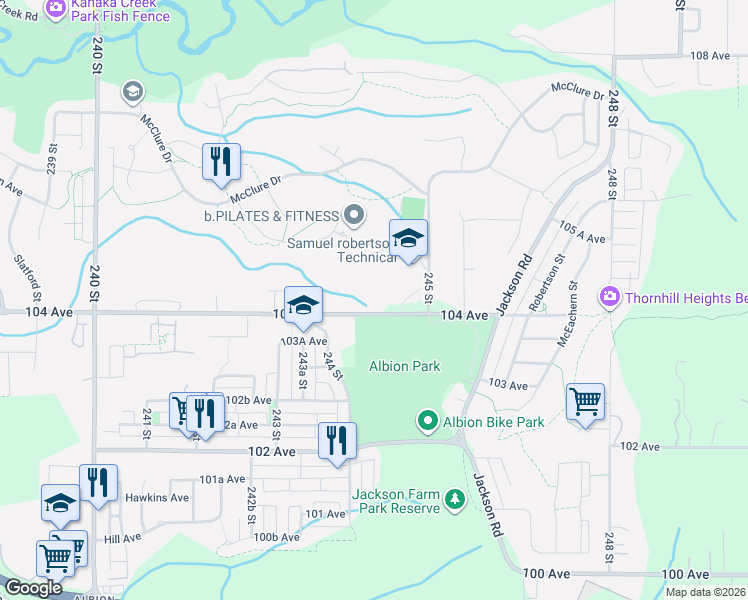 map of restaurants, bars, coffee shops, grocery stores, and more near 24445 104 Avenue in Maple Ridge