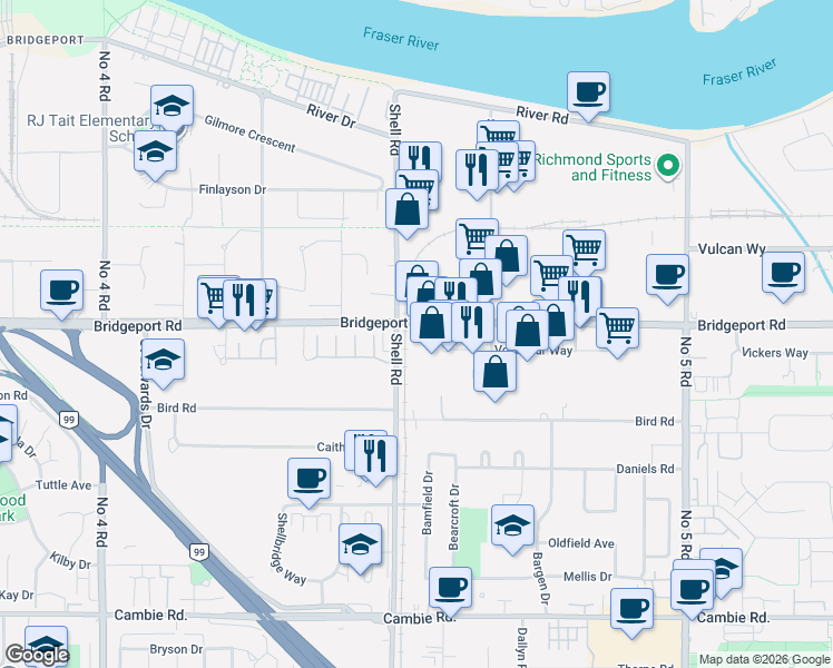 map of restaurants, bars, coffee shops, grocery stores, and more near 3033 Shell Road in Richmond
