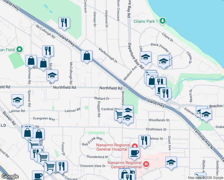 map of restaurants, bars, coffee shops, grocery stores, and more near 1615 Northfield Road in Nanaimo