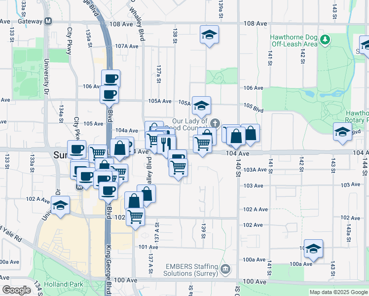 map of restaurants, bars, coffee shops, grocery stores, and more near 13845 104 Avenue in Surrey