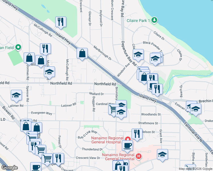 map of restaurants, bars, coffee shops, grocery stores, and more near 1615 Northfield Road in Nanaimo