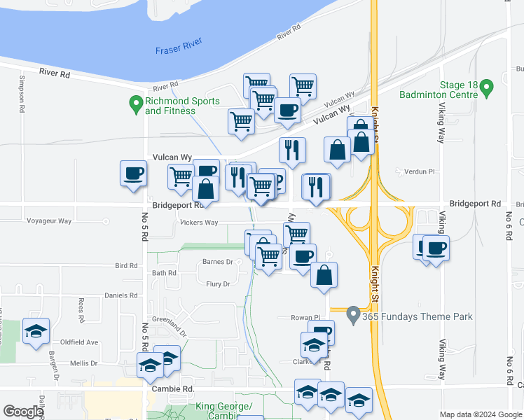 map of restaurants, bars, coffee shops, grocery stores, and more near 12560 Bridgeport Road in Richmond
