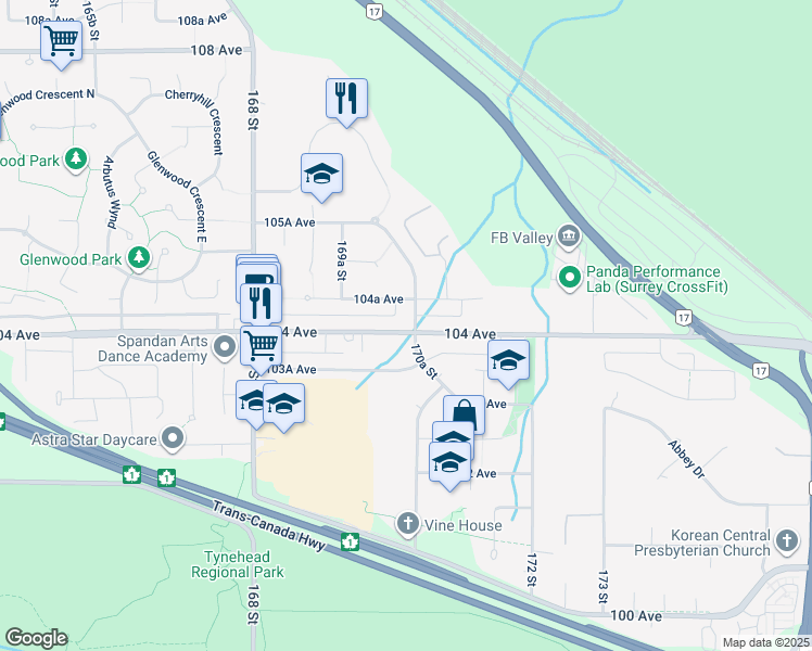 map of restaurants, bars, coffee shops, grocery stores, and more near 10411 170A Street in Surrey