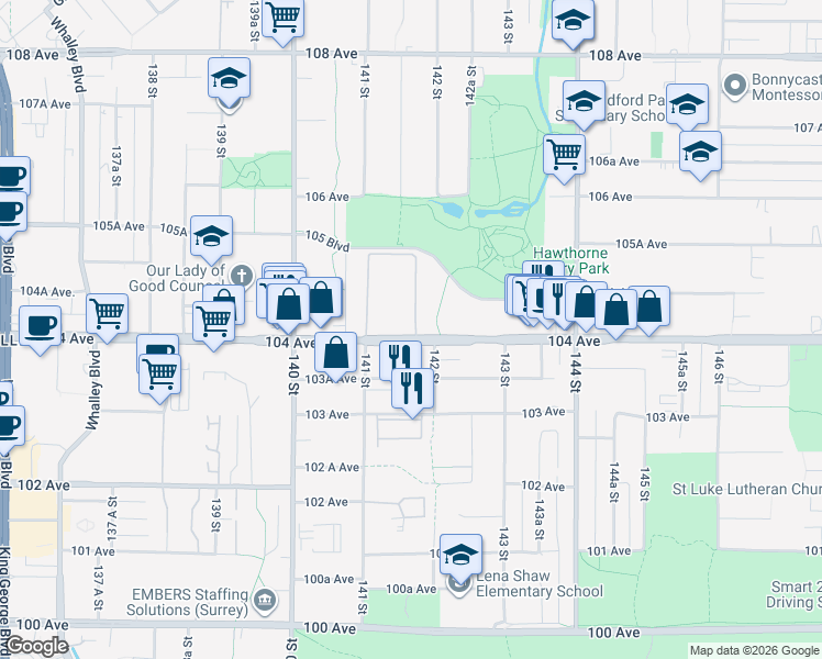 map of restaurants, bars, coffee shops, grocery stores, and more near 14171 104 Avenue in Surrey