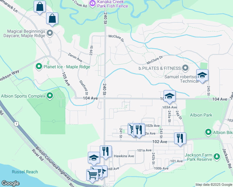 map of restaurants, bars, coffee shops, grocery stores, and more near 24061 104 Avenue in Maple Ridge