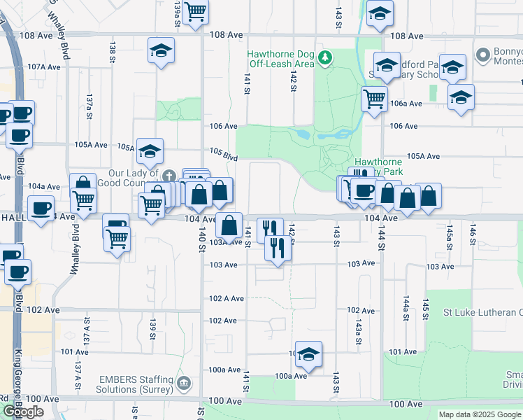 map of restaurants, bars, coffee shops, grocery stores, and more near in Surrey