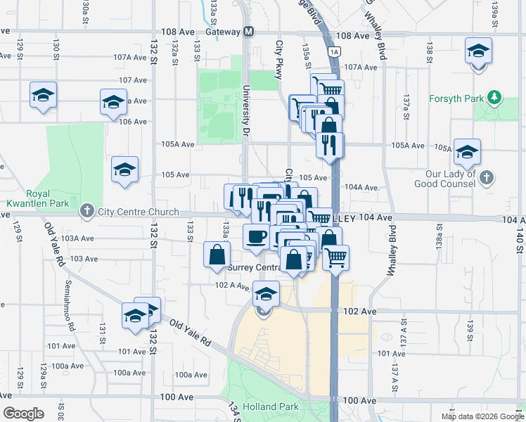 map of restaurants, bars, coffee shops, grocery stores, and more near in Surrey