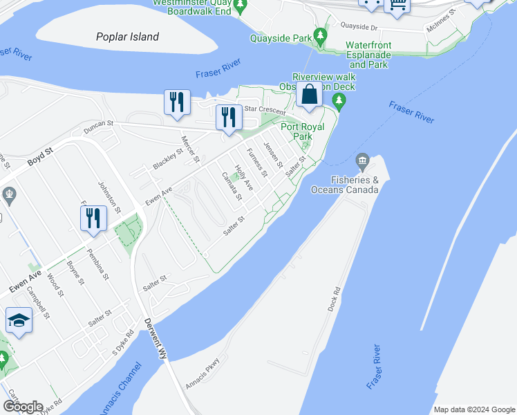 map of restaurants, bars, coffee shops, grocery stores, and more near 217 Holly Avenue in New Westminster