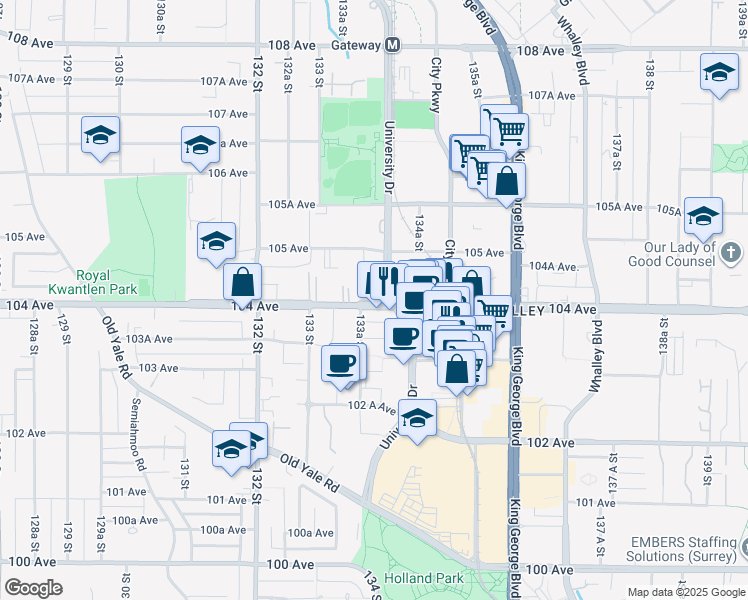 map of restaurants, bars, coffee shops, grocery stores, and more near in Surrey