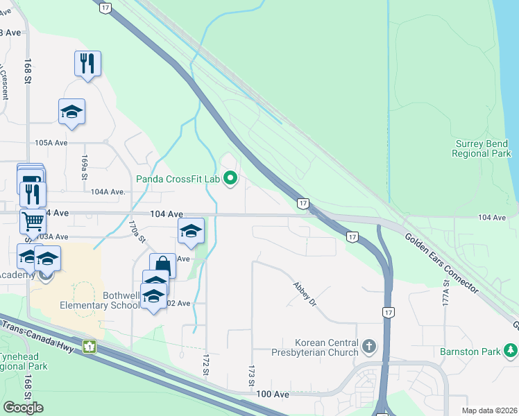 map of restaurants, bars, coffee shops, grocery stores, and more near 17358 104A Avenue in Surrey