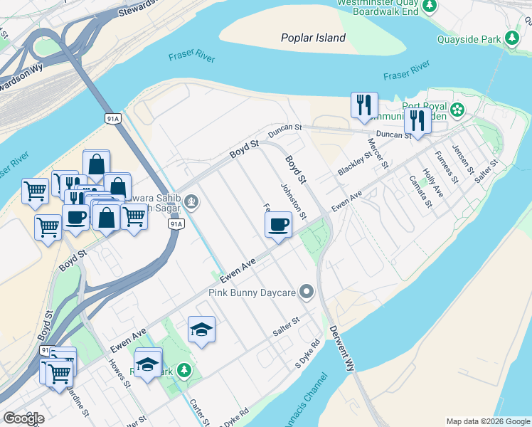 map of restaurants, bars, coffee shops, grocery stores, and more near in New Westminster