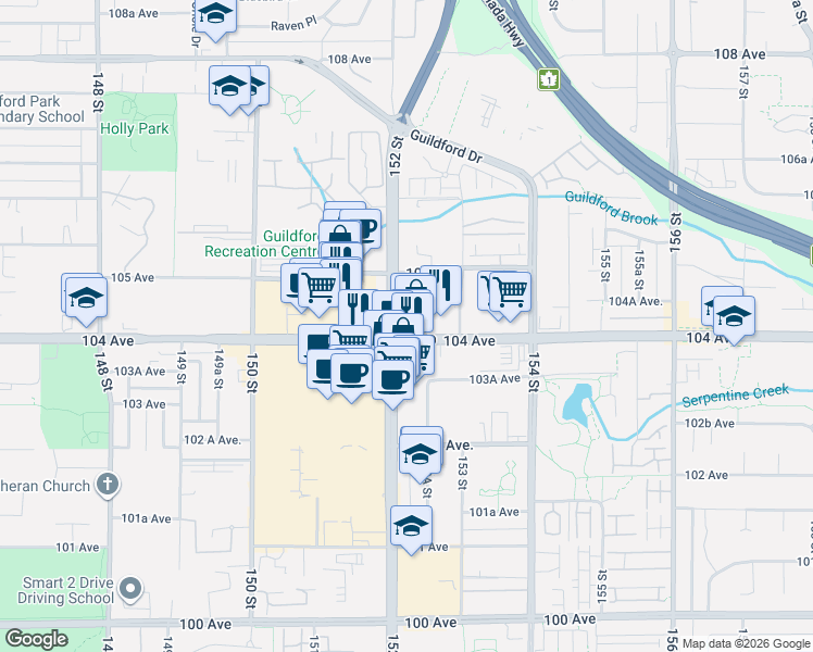 map of restaurants, bars, coffee shops, grocery stores, and more near 15225 104 Avenue in Surrey