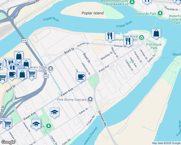 map of restaurants, bars, coffee shops, grocery stores, and more near 309 Johnston Street in New Westminster