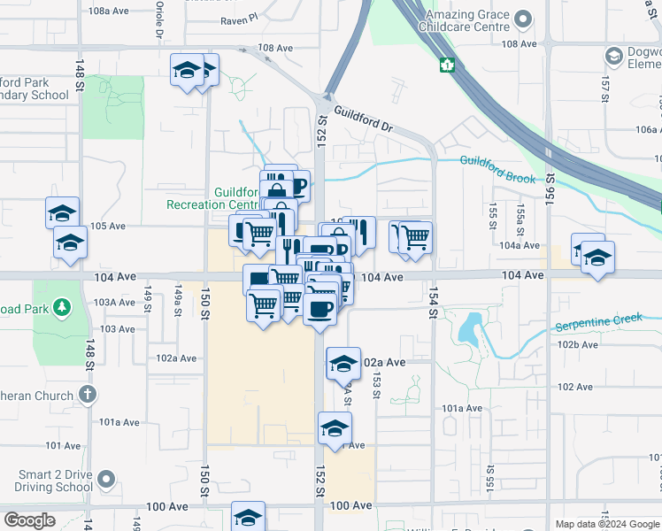 map of restaurants, bars, coffee shops, grocery stores, and more near 15225 104 Avenue in Surrey