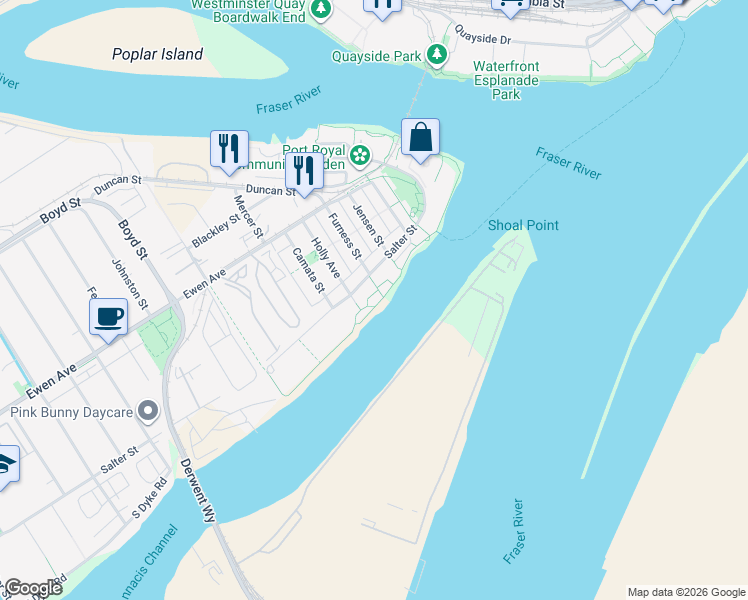 map of restaurants, bars, coffee shops, grocery stores, and more near 250 Salter Street in New Westminster