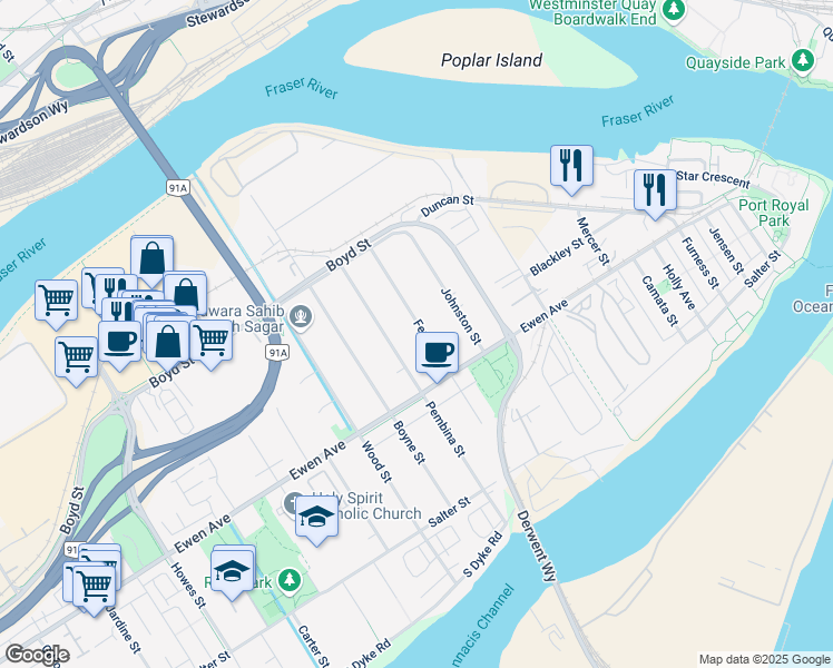 map of restaurants, bars, coffee shops, grocery stores, and more near 328 Fenton Street in New Westminster