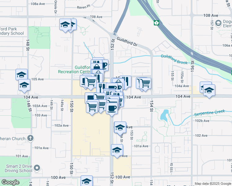 map of restaurants, bars, coffee shops, grocery stores, and more near 170-10470 152 Street in Surrey