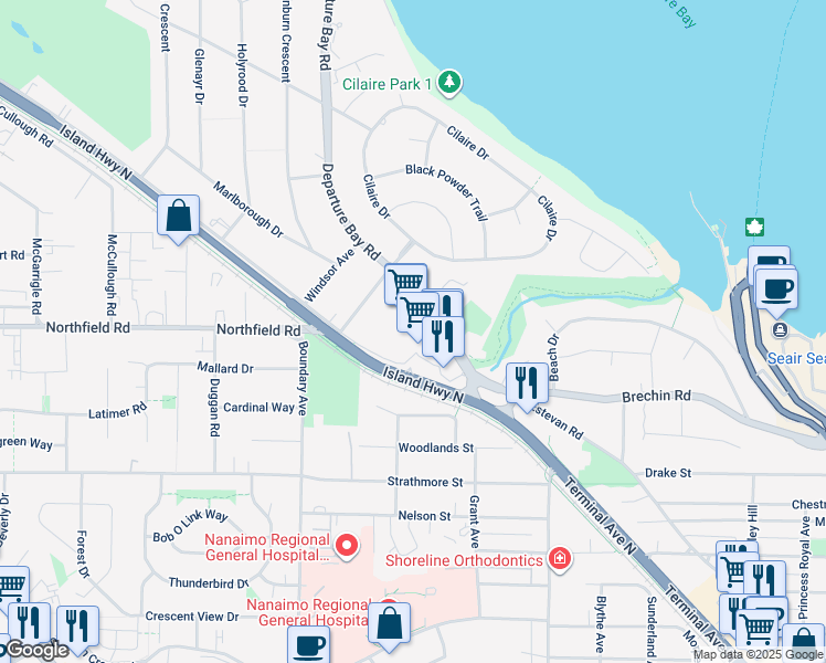 map of restaurants, bars, coffee shops, grocery stores, and more near 215-2000 Island Highway in Nanaimo