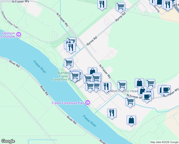 map of restaurants, bars, coffee shops, grocery stores, and more near 7450 Lowland Drive in Burnaby