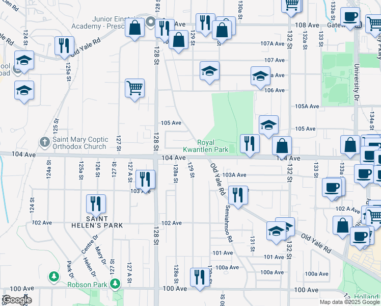map of restaurants, bars, coffee shops, grocery stores, and more near 12905 104 Avenue in Surrey