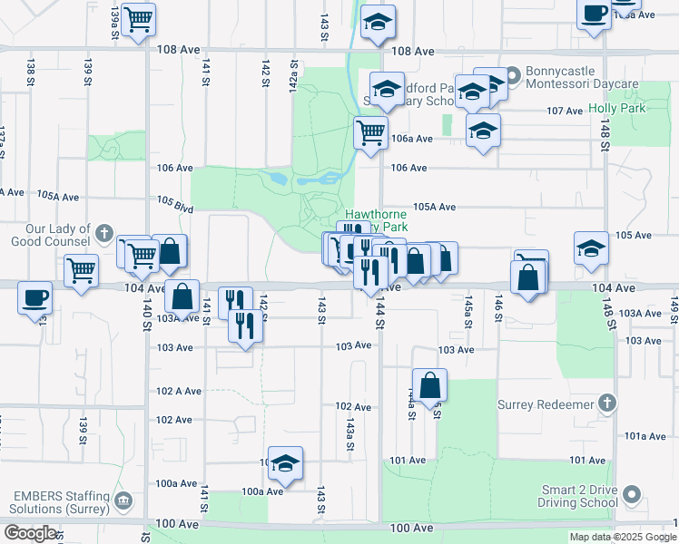 map of restaurants, bars, coffee shops, grocery stores, and more near 10451 144 Street in Surrey
