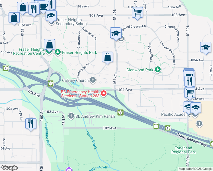 map of restaurants, bars, coffee shops, grocery stores, and more near 16398 Glenmoor Court in Surrey