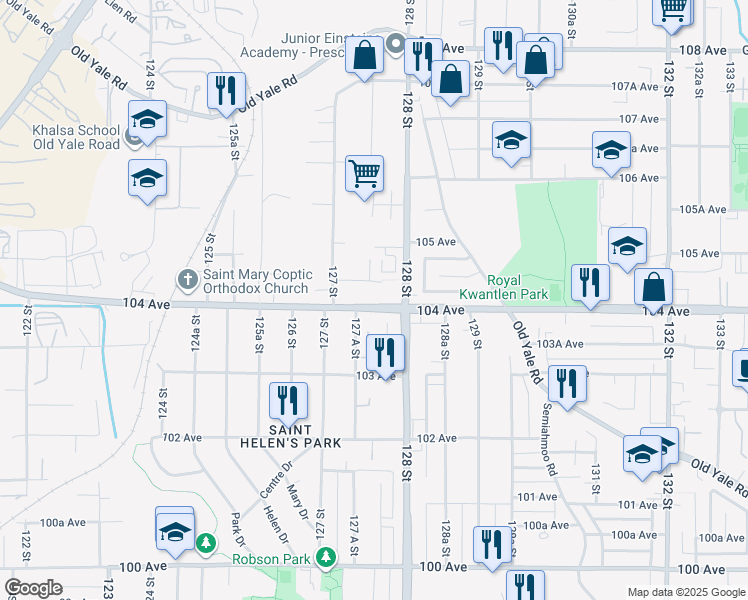 map of restaurants, bars, coffee shops, grocery stores, and more near 12755 104 Avenue in Surrey