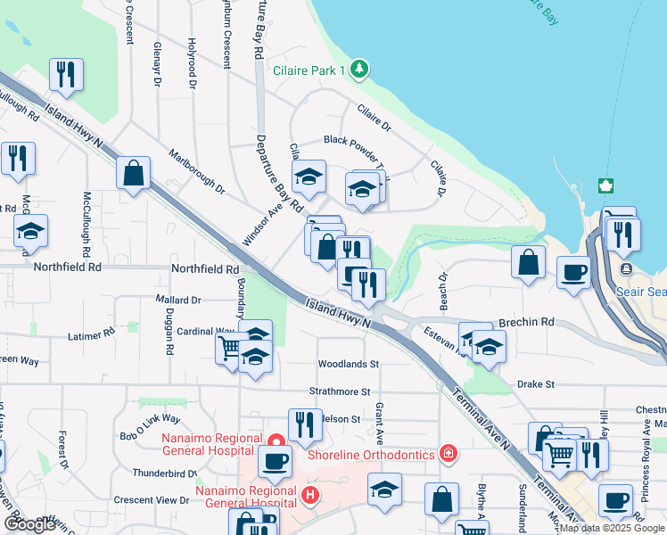 map of restaurants, bars, coffee shops, grocery stores, and more near 2000 Island Highway North in Nanaimo