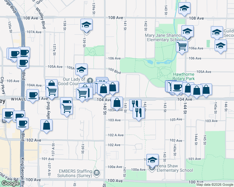 map of restaurants, bars, coffee shops, grocery stores, and more near 10425 140B Street in Surrey