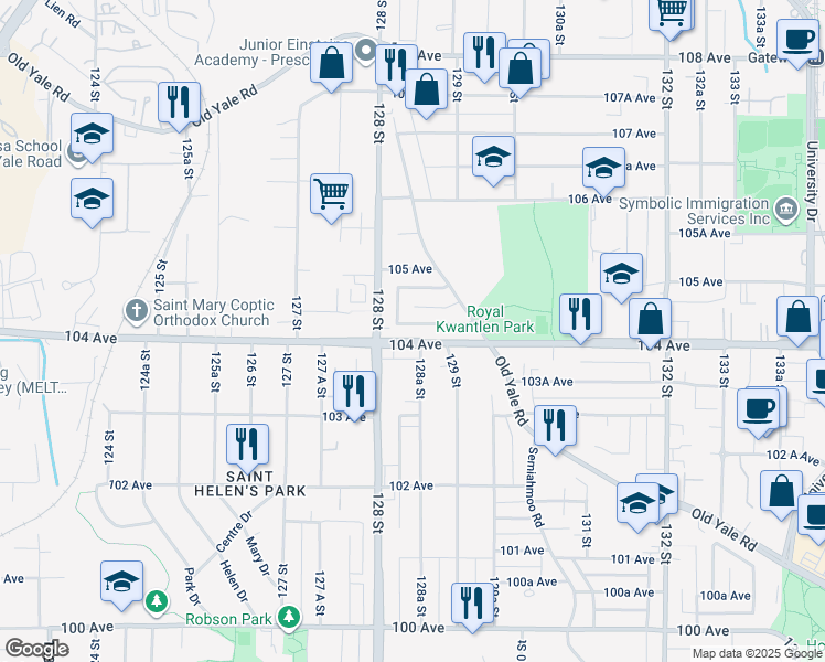 map of restaurants, bars, coffee shops, grocery stores, and more near 12851 104 Avenue in Surrey