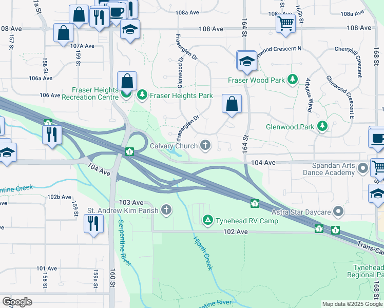 map of restaurants, bars, coffee shops, grocery stores, and more near 10418 Fraserglen Drive in Surrey
