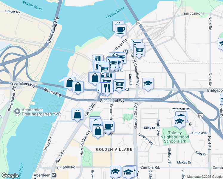 map of restaurants, bars, coffee shops, grocery stores, and more near 6103 Bridgeport Road in Richmond