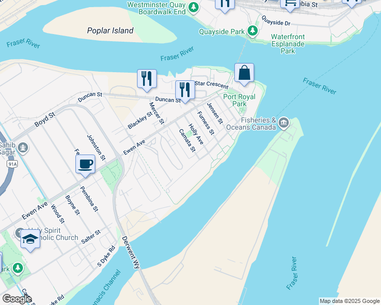 map of restaurants, bars, coffee shops, grocery stores, and more near 218 Camata Street in New Westminster