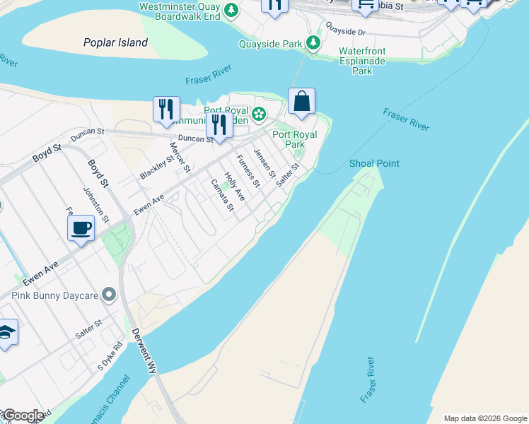 map of restaurants, bars, coffee shops, grocery stores, and more near in New Westminster