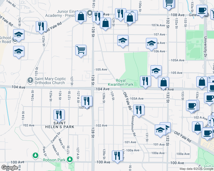 map of restaurants, bars, coffee shops, grocery stores, and more near 12881 104 Avenue in Surrey