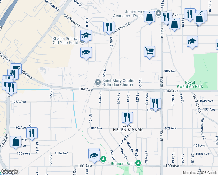 map of restaurants, bars, coffee shops, grocery stores, and more near 12529 104 Avenue in Surrey