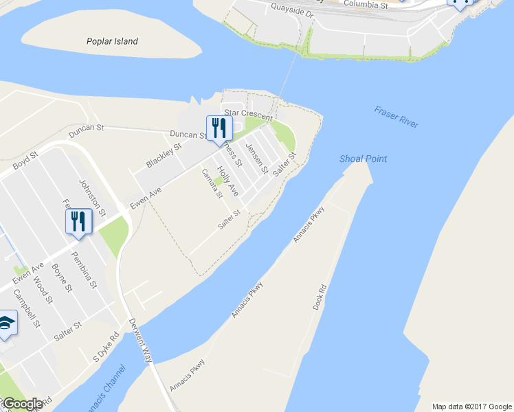 map of restaurants, bars, coffee shops, grocery stores, and more near 250 Salter Street in New Westminster