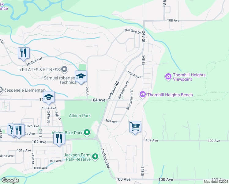 map of restaurants, bars, coffee shops, grocery stores, and more near 10446 Jackson Road in Maple Ridge