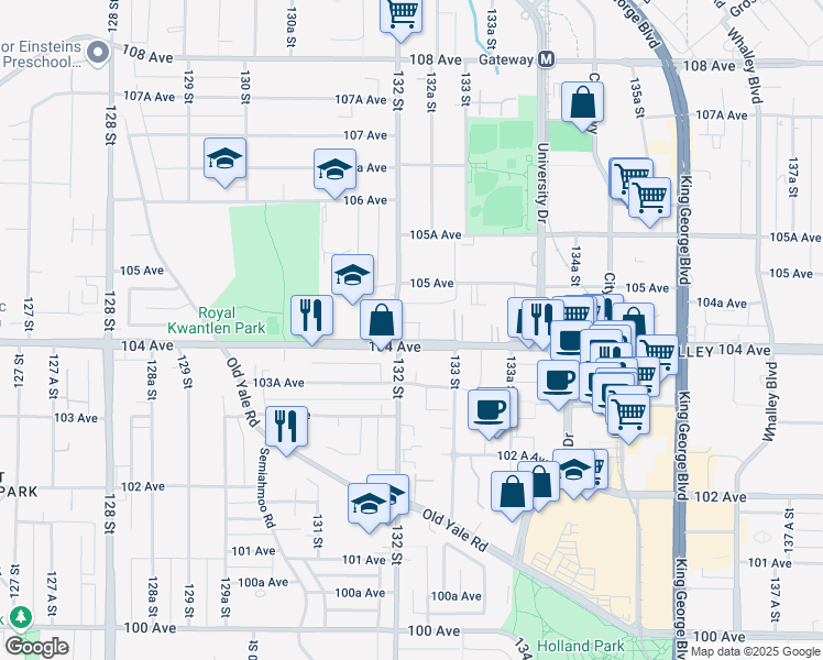 map of restaurants, bars, coffee shops, grocery stores, and more near 13225 104 Avenue in Surrey