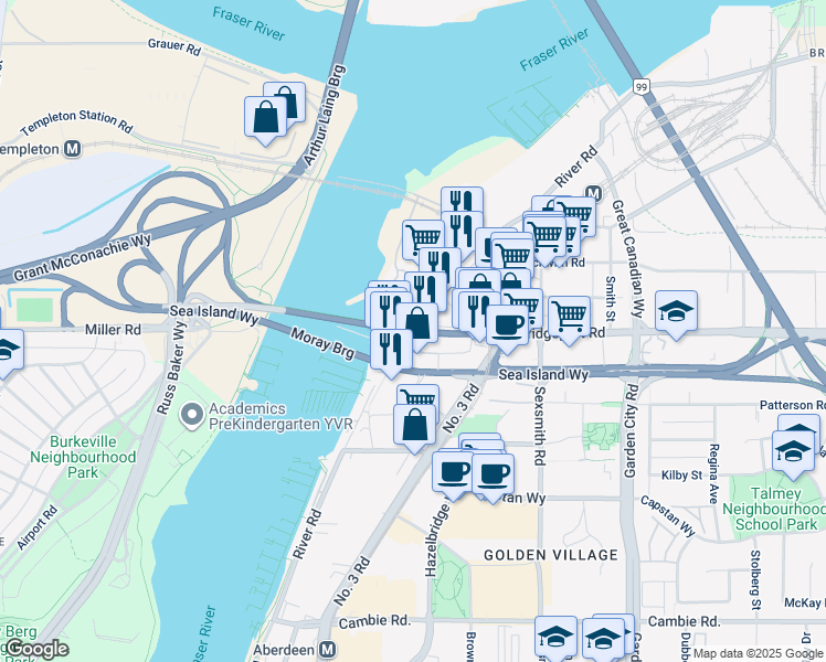 map of restaurants, bars, coffee shops, grocery stores, and more near 6103 Bridgeport Road in Richmond