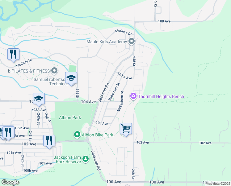 map of restaurants, bars, coffee shops, grocery stores, and more near 10458 Robertson Street in Maple Ridge
