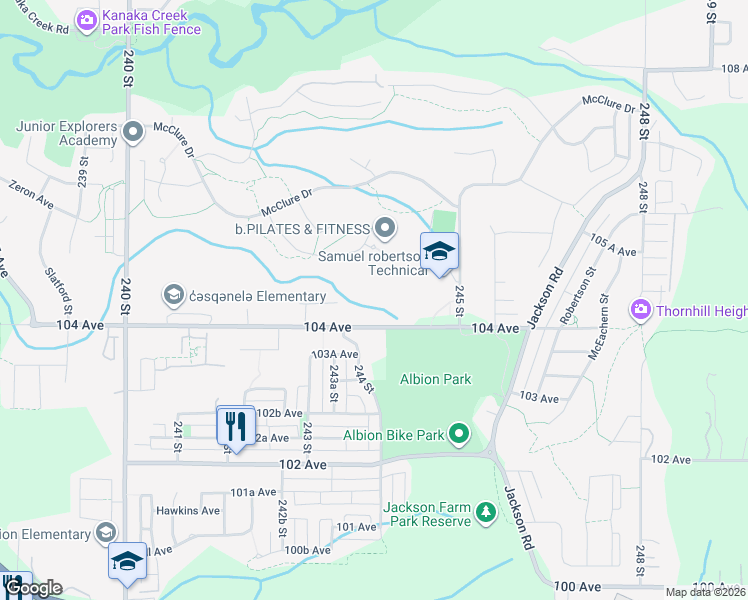 map of restaurants, bars, coffee shops, grocery stores, and more near 24445 104 Avenue in Maple Ridge
