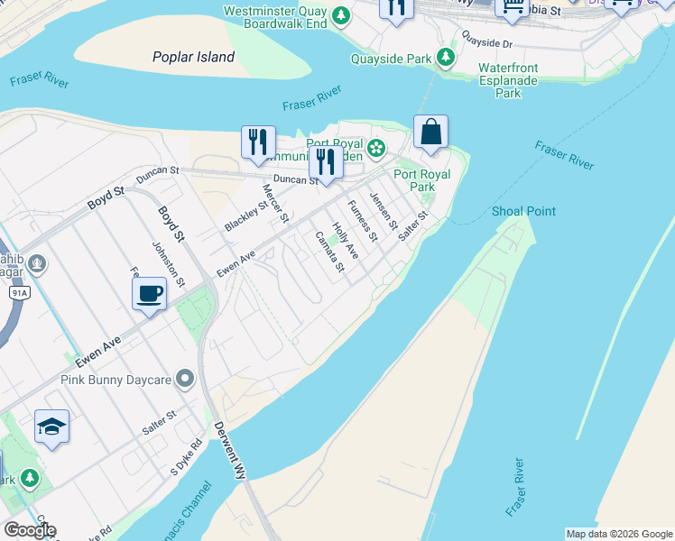 map of restaurants, bars, coffee shops, grocery stores, and more near 218 Camata Street in New Westminster