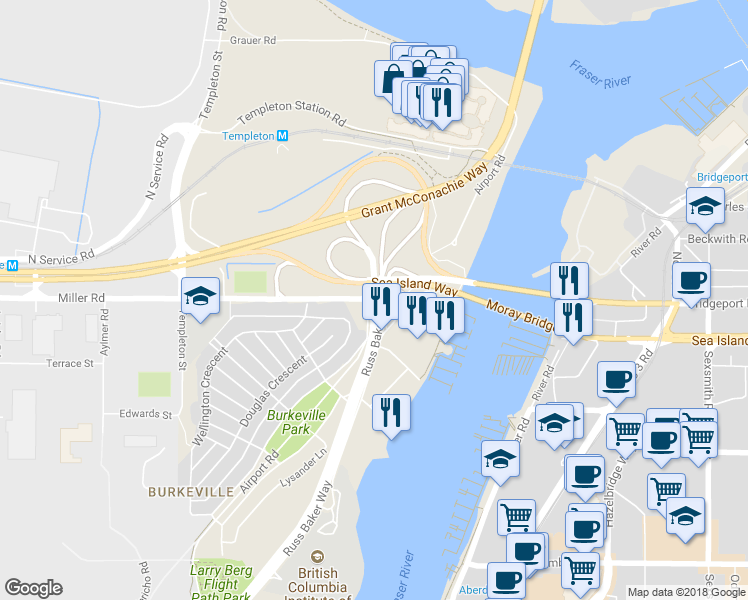 map of restaurants, bars, coffee shops, grocery stores, and more near 8740 Miller Road in Richmond