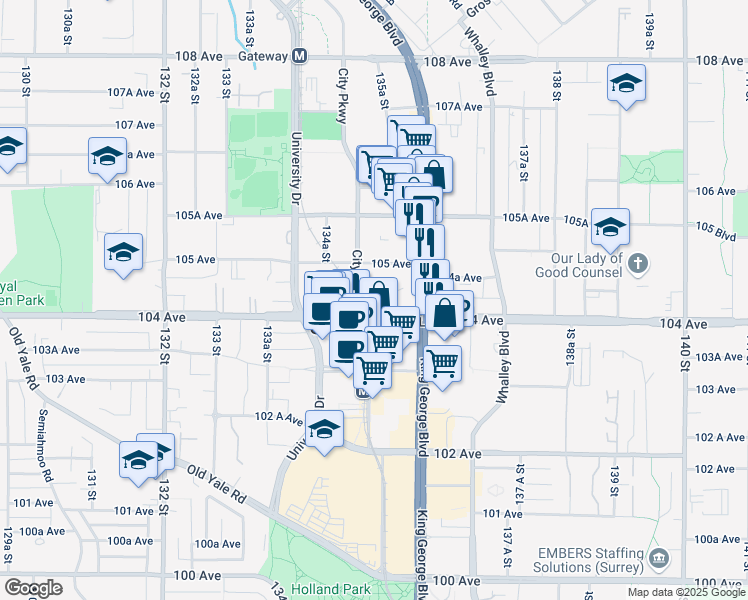 map of restaurants, bars, coffee shops, grocery stores, and more near in Surrey